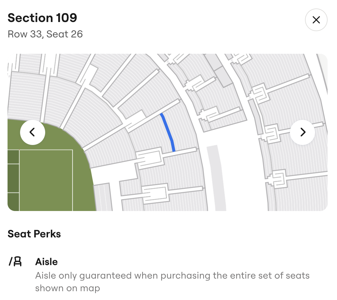 Close stadium map showing the position of Section 109