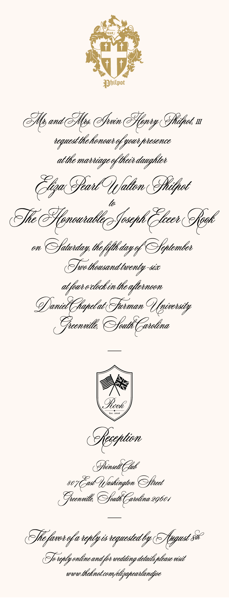 Formal invitation to the wedding of Eliza Pearl Walton Philpot and The Honourable Joseph Elceer Rook
